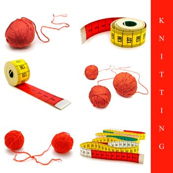 set of different knitting  accessories images over white background