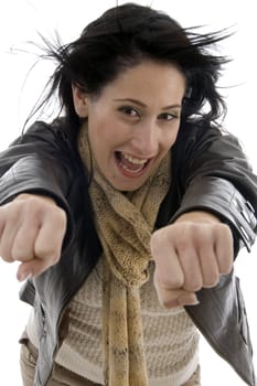 woman showing clenched fists on an isolated white background