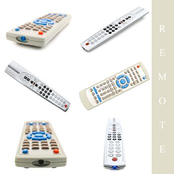 set of different remote controls over white background