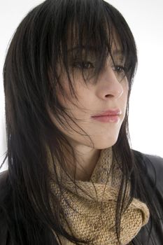 close up of beautiful woman against white background