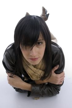 stylish female lying on floor with white background