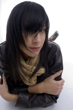 woman lying on floor on an isolated white background