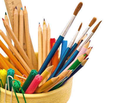 different office supplies over the white background