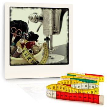 tailor meter in front of old style photo with knitting items 