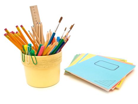 different office supplies over the white background