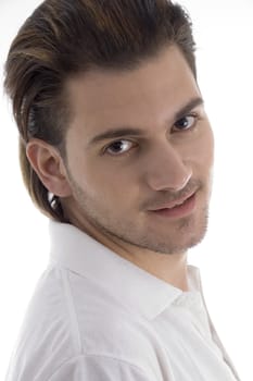 close up of smart guy with white background