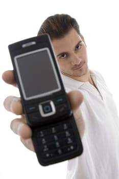 young man with cellphone on an isolated white backgound