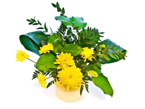 yellow flower bouquet with green leaves against white background