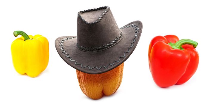 cool pepper in cowboy hat surrounded by vegetables