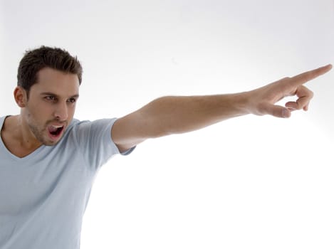 young man yelling on an isolated white backgound