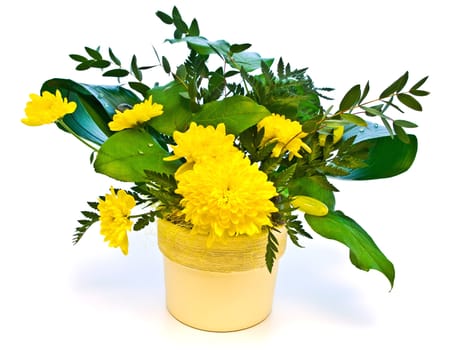 yellow flower bouquet with green leaves against white background