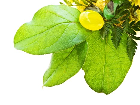 green leaves bouquet with glass stone against white background