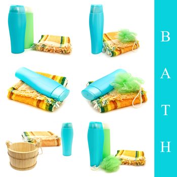 Set of bath accessories with shampoo bottle, towel and wooden vat