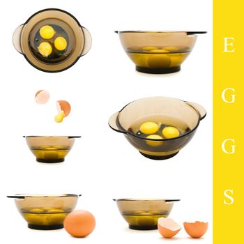 Set of egg and bowl over white background