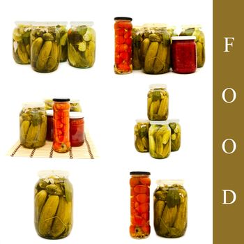 set of pickled tomatoes and cucumbers over white background