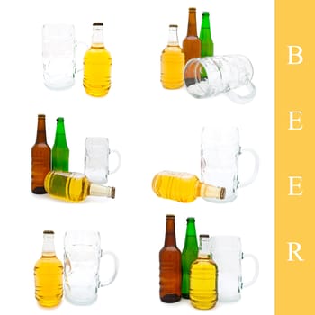 set of bottles with beer over white background