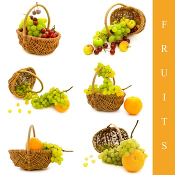 set of six basket with different fruits in it: grape, orrange, cherry and apple