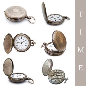 set of old silver pocket watches over the white background