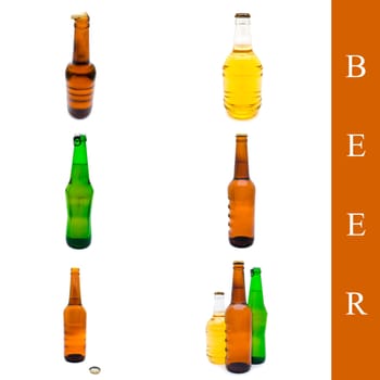 set of bottles with beer over white background