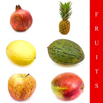 set of different fruit: apple, mango, mellon, pineapple and pomegranate over white background