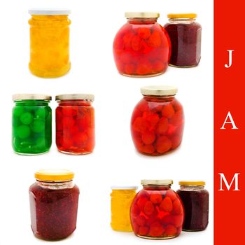 Set of different jam jars with cherry and strawberry over white background