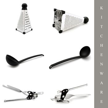set of different kitchenware: opener, soup ladle and grater over white background