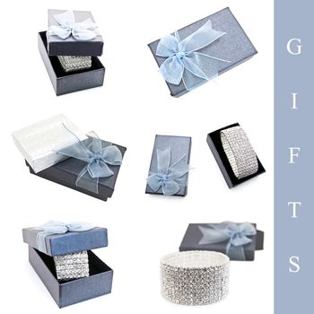 Set of jewelry gift with bracelet and box over white background