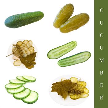 Set of pickled and green cucumbers over white background