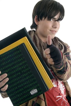 young student posing with books with white background