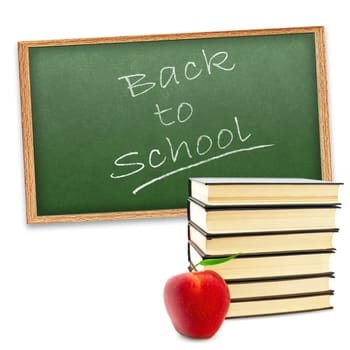 "Back to school!"  theme with red apple and stack of books against green blackboard