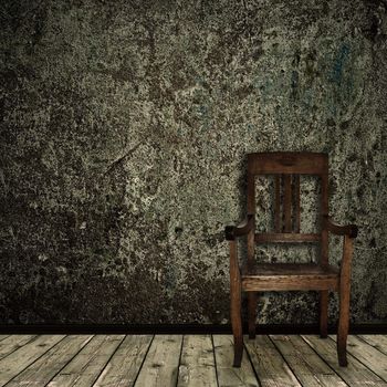 Photo of abstract grunge shabby interior with single chair, copyspace