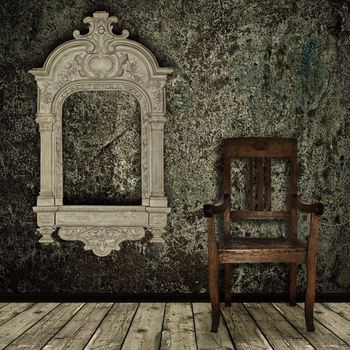 Photo of abstract grunge shabby interior with old chair and vintage frame