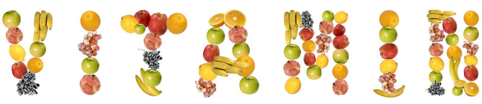 The word vitamin with fruits