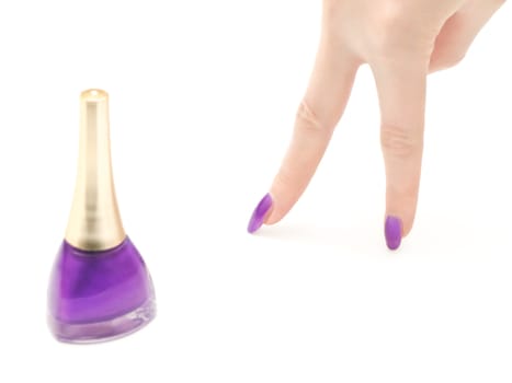 nailpolish and womans hand with lilac manicure over white