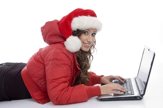 woman working on laptop on an isolated white background