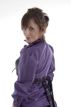 back pose of smiling woman on an isolated background