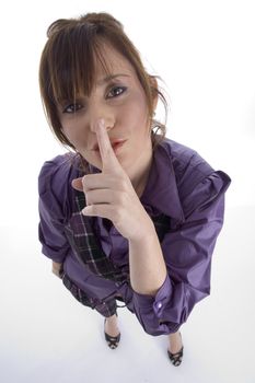 woman instructing you to keep silent against white background