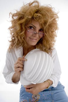 adult woman with architect helmet with white background