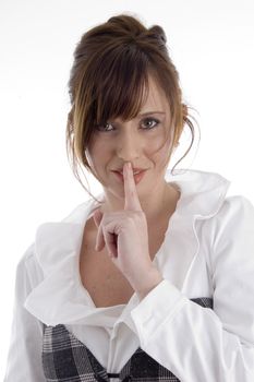 smiling woman instructing you to keep  silent on an isolated background