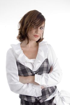 beautiful woman with crossed arms on an isolated background