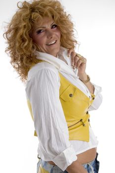 woman holding her collar with white background