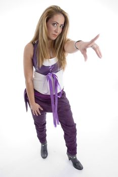 standing adult female pointing side against white background