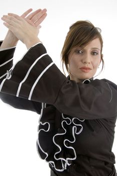 clapping adult female against white background