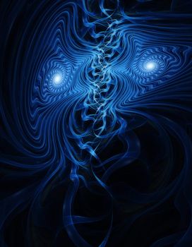A fractal resembling blue eyes and wavy lines on a black background rendered in Apophysis 