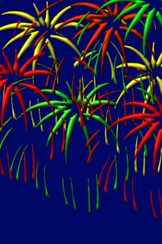 red, green and yellow spalshing fireworks on dark background