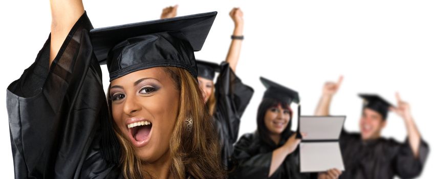 A group of high school or college graduates cheering happily on graduation day.
