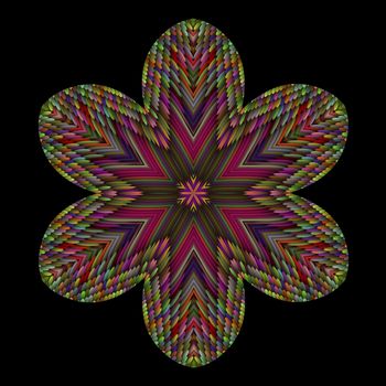 An abstract illustration of a stylized flower with a woven central pattern.