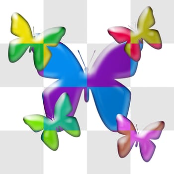 flying butterflies in dual colors on grey to white quadrangles