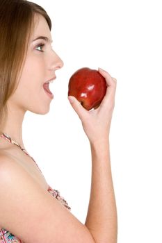 Beautiful girl eating red apple