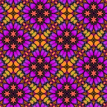 seamless texture of red, pink and yellow shapes into flowers
